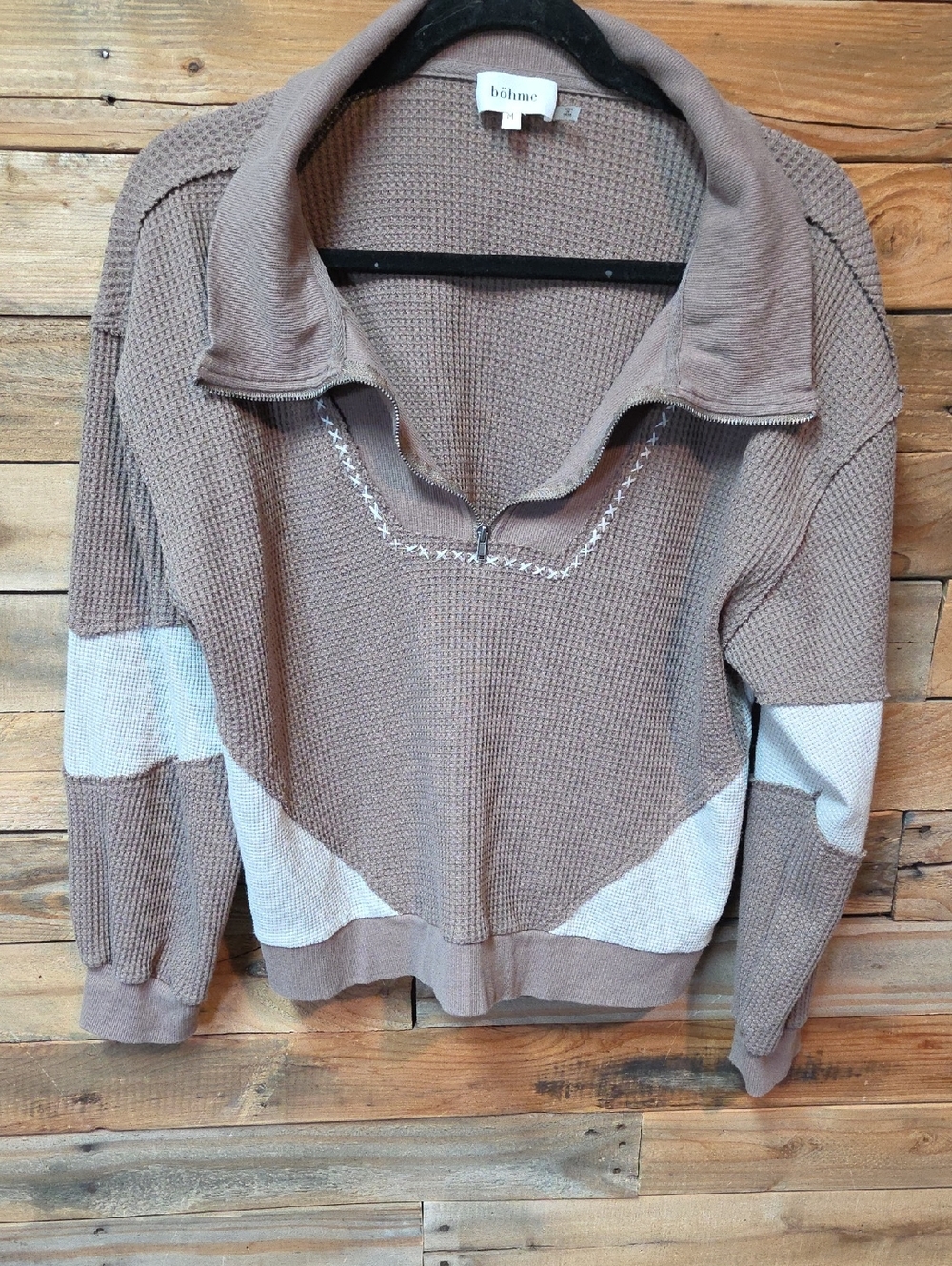 bohme Taupe and White Quarter-Zip Waffle Knit Pullover